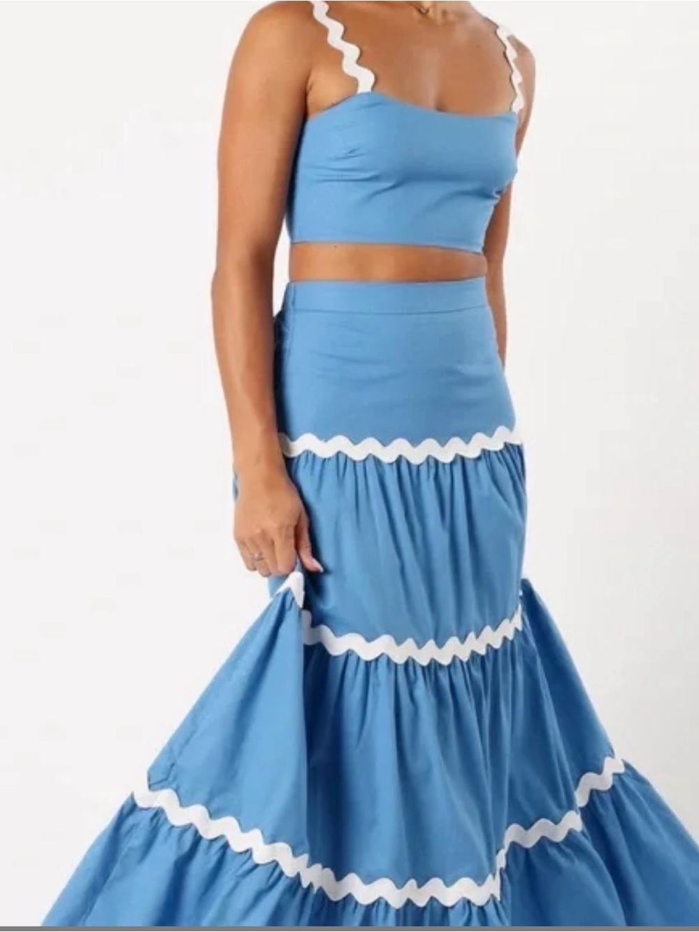 Blue Tiered Maxi Skirt with White Trim by